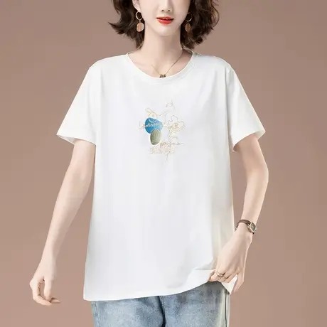 白色短袖t恤女夏季新款加肥加大码女装宽松纯棉减龄印花显瘦体恤商品大图