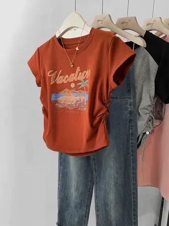 微胖不规则正肩t恤女多巴胺女孩穿搭ins夏季短款韩系chic短袖上衣商品大图