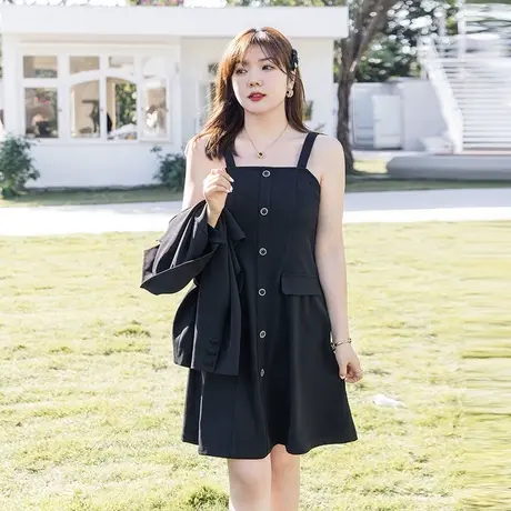 显瘦大码胖MM吊带连衣裙2023年夏装新款气质胖妹妹百搭背心小黑裙图片