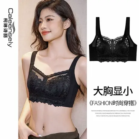 女士大胸显小全罩杯蕾丝超薄款文胸无钢圈夏季聚拢收副乳大码内衣商品大图