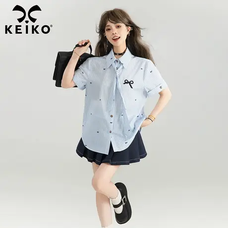 KEIKO [赠领带] 韩系高智感蓝色条纹短袖衬衫新款学院风休闲上衣商品大图