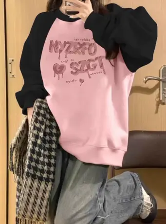 圆领插肩袖卫衣女秋冬加绒加厚小众设计感慵懒风宽松无帽上衣潮牌商品大图