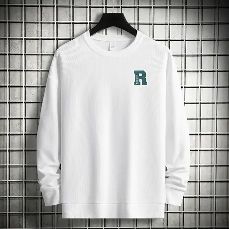 2023新款华夫格白色卫衣男春秋季潮流宽松圆领长袖t恤套头无帽衫商品大图