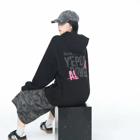 YEP美式复古发泡印花连帽卫衣女春秋新款宽松套头情侣款帽衫上衣图片
