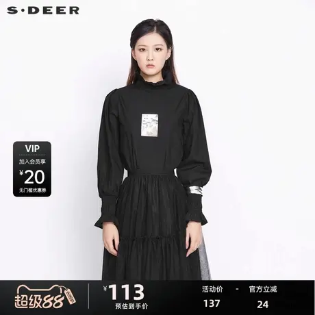 S·DEER圣迪奥女装秋木耳边立领撞色字母抽褶长袖衬衫S21380542商品大图