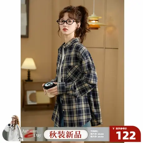 8.15/20点 上新唐狮2025秋季新款格子衬衫女长袖衬衣外套复古设计商品大图