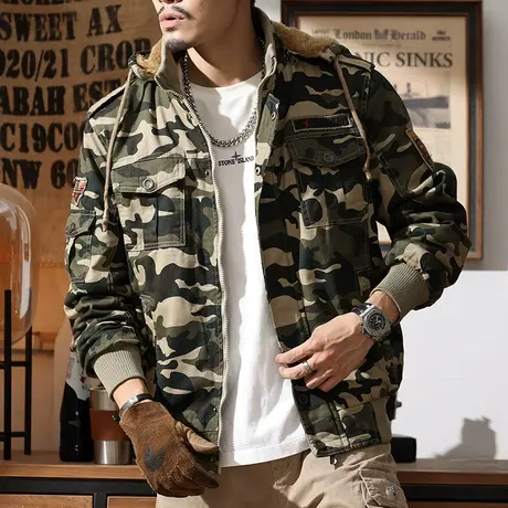 秋冬厚款迷彩连帽夹克耐磨外套户外休闲男士外套宽松潮流外套图片