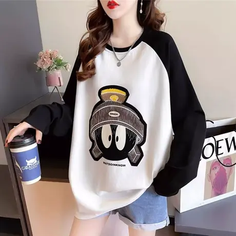 纯棉长袖t恤女秋大码oversize显瘦打底衫ins潮宽松慵懒风薄款上衣图片