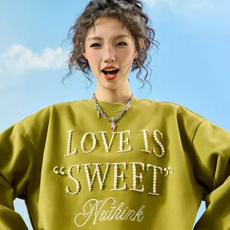 Nuthink美式复古珍珠字母圆领卫衣国潮情侣男女宽松2025秋季新款商品大图
