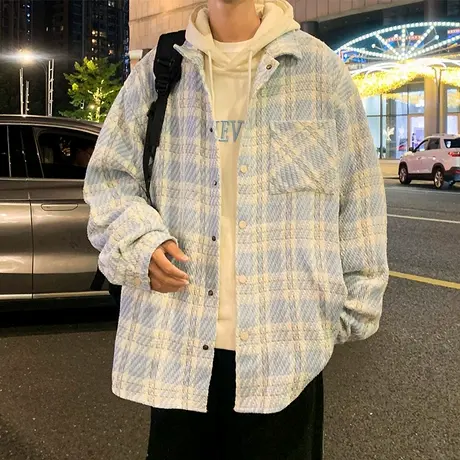 春秋季2025新款翻领夹克男潮牌休闲宽松格子上衣服美式小香风外套商品大图