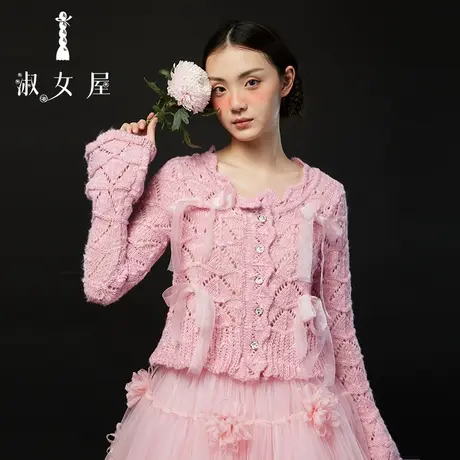 淑女屋官方旗舰店蝴蝶结花瓣领慵懒风蝴蝶结宽松高级感超好看毛衣图片