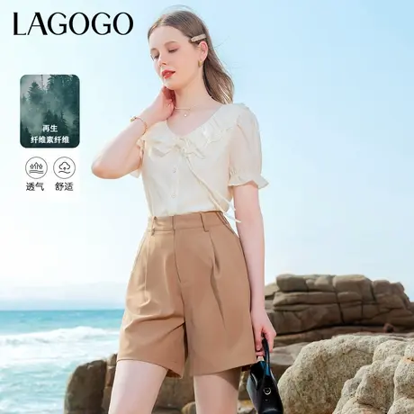 LAGOGO减龄泡泡袖衬衫女拉谷谷夏季新款法式系带娃娃领短袖上衣商品大图