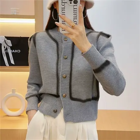 撞色圆领单排扣毛衣开衫女短款2023秋冬季设计感小众针织上衣外套商品大图