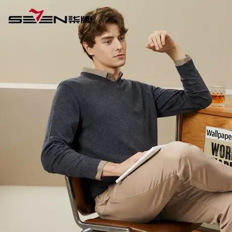柒牌清仓男士毛衣秋冬字母提花可机洗含羊毛V领保暖毛衫图片