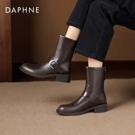 达芙妮棕色短靴女2025新款冬季加绒复古英伦西部牛仔马丁靴中筒靴图片