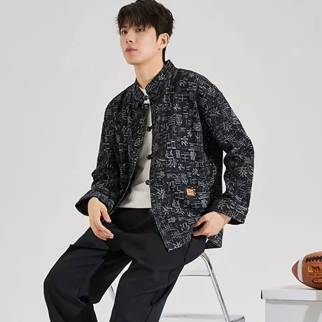 唐狮秋季新款新中式外套男百家姓满印休闲国风男牛仔外套潮流TD商品大图