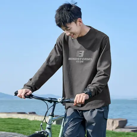 唐狮春季新款纯色长袖T恤男纯棉百搭宽松简约打底衫上衣服潮tTD商品大图