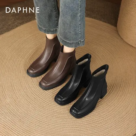 达芙妮粗跟短靴女2026新款冬季加绒英伦风马丁靴方头棕色瘦瘦靴子商品大图