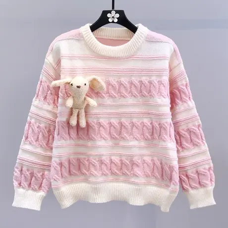 日系卡通玩偶条纹毛衣女秋冬2023新款宽松学院风百搭减龄针织衫商品大图