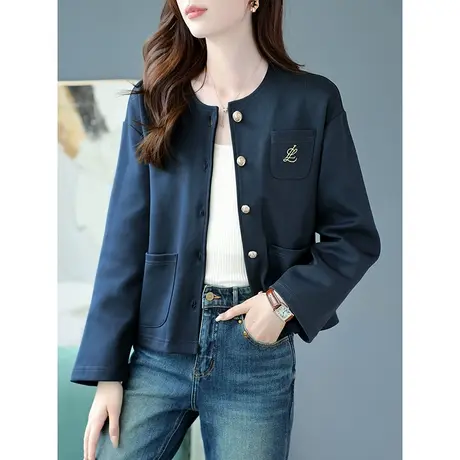 宝诗黎圆领刺绣单排扣开衫外套2023秋季新款长袖棉质短款宽松上衣图片