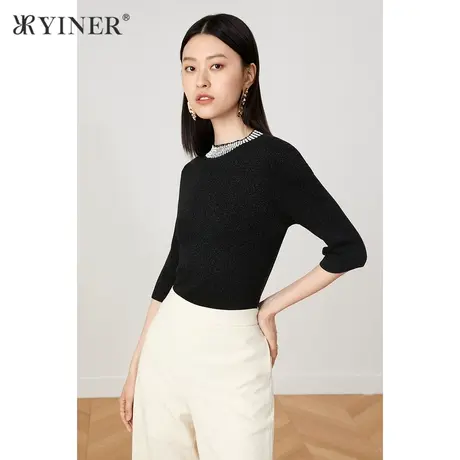 YINER音儿女装2021秋季新款领口钉珠修身打底针织衫商品大图