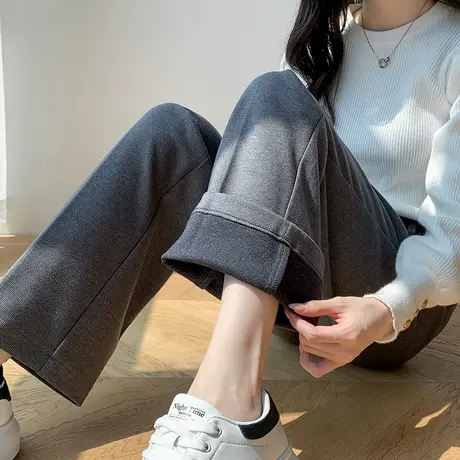 毛呢阔腿西装裤女冬季新款加厚高腰垂感显瘦休闲窄版直筒拖地裤子商品大图