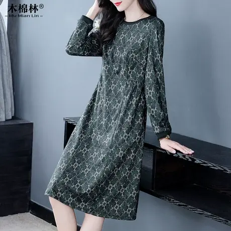 胖妈妈时髦韩版碎花连衣裙秋冬200斤气质洋气显瘦大码打底中长裙商品大图