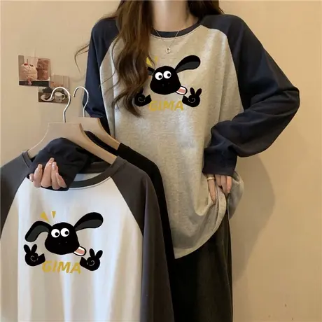 加绒加厚德绒打底衫女秋冬装韩版宽松显瘦撞色插肩长袖T恤上衣潮商品大图