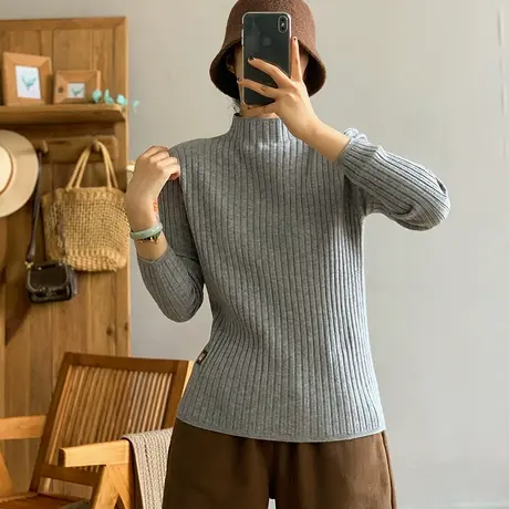 dza 复古纯色棉线高领毛衣女冬宽松内搭打底衫休闲针织衫长袖上衣图片