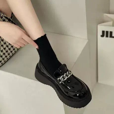 乐福鞋女英伦风女2023春秋季新款百搭厚底一脚蹬玛丽珍亮面小皮鞋商品大图