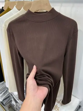 欧货坑条磨毛半高领圆领长袖T恤女2023秋冬新款内搭打底衫上衣潮商品大图