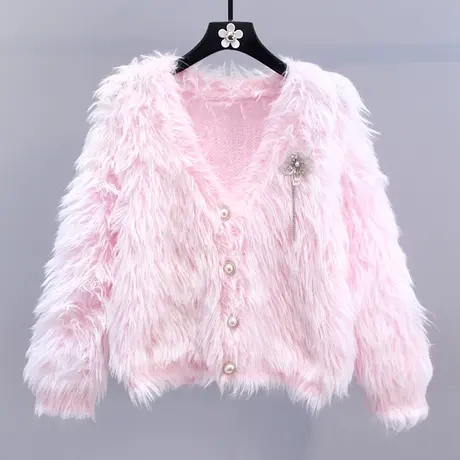 小香风高级感水貂绒毛衣外套女秋冬2023新款宽松软糯短款针织开衫商品大图