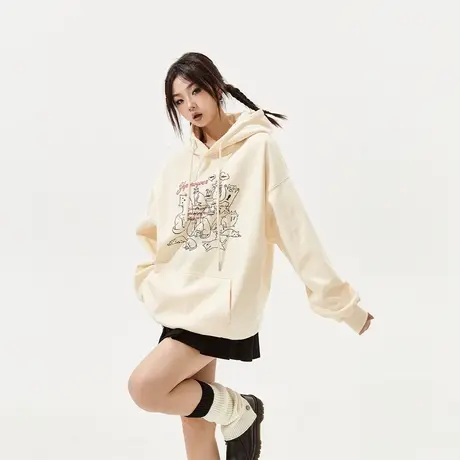 YEP潮牌印花连帽加绒卫衣女秋冬2023年新款复古宽松oversize外套图片