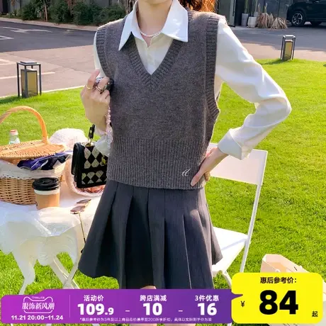 唐狮2023早秋新款学院风毛衣背心女下摆小刺绣设计套头小马甲PO图片