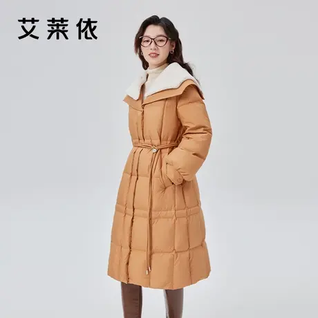 艾莱依仿羊羔毛翻领羽绒服女冬季2023新款长款过膝加厚收腰外套商品大图