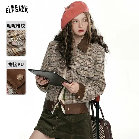 妖精的口袋复古正肩格子毛呢外套女2024早春新款小个子短款上衣潮商品大图