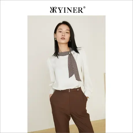YINER音儿女装2022春季新款钉珠复古格纹领带衬衫商品大图