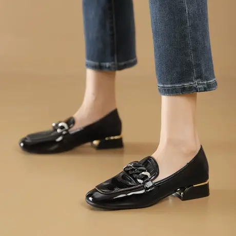 Safiya/索菲娅二层牛皮乐福鞋女2023新款粗跟小皮鞋单鞋百搭女鞋商品大图