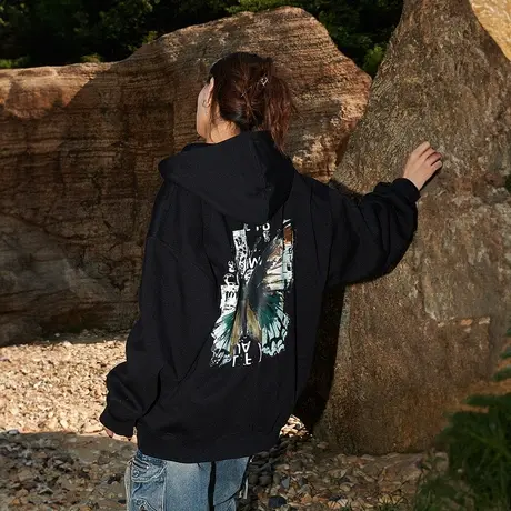 YEP黑色连帽开衫卫衣女春秋2023年新款潮牌复古宽松oversize外套商品大图