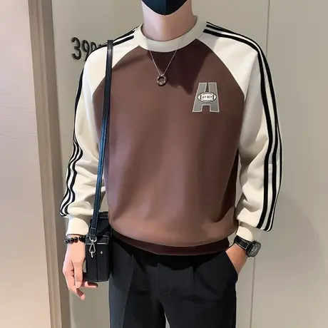 2023秋季条纹设计感卫衣插肩袖个性痞帅休闲套头上衣拼色长袖T恤商品大图