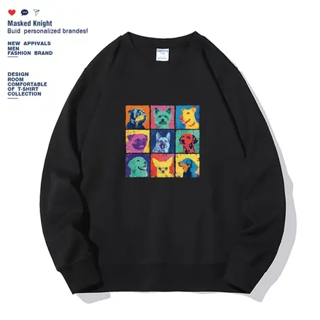 2022秋季新款波普风趣味小狗印花圆领卫衣男薄款宽松休闲套头上衣商品大图