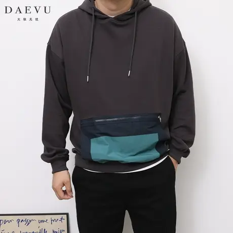 DAEVU春秋新款拼接撞色大号潮胖子加肥加大码男士连帽卫衣帽衫商品大图