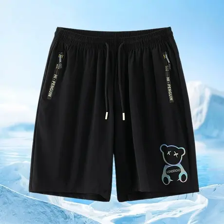 冰丝休闲短裤子男夏季运动直筒宽松黑色小熊五分裤凉感速干沙滩裤商品大图