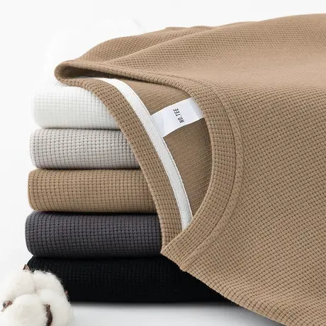 2024秋季新款华夫格套头卫衣男加绒加厚保暖圆领无帽纯色长袖t恤商品大图