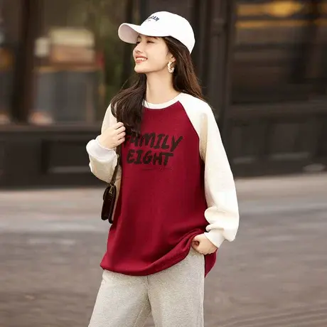 时尚休闲卫冬季新款女圆领百搭拼接加绒厚款宽松套头上衣商品大图