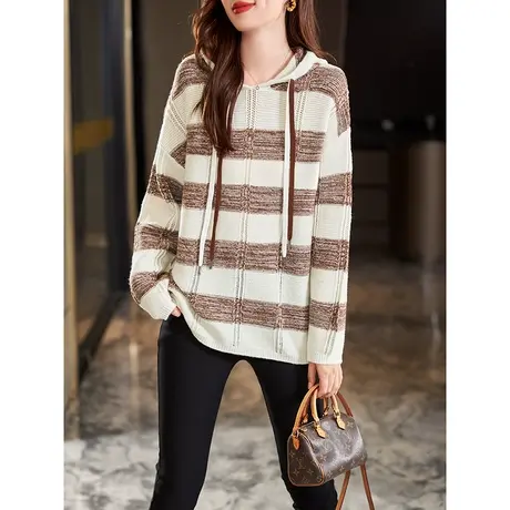 宝诗黎连帽条纹宽松羊毛衫女休闲慵懒打底毛衣2023新款百搭上衣冬商品大图