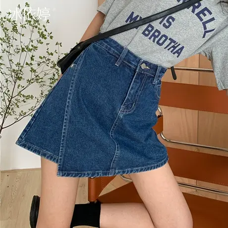 设计感小众高腰牛仔短裤女春夏百搭深蓝色a字热裤假两件阔腿裙裤商品大图