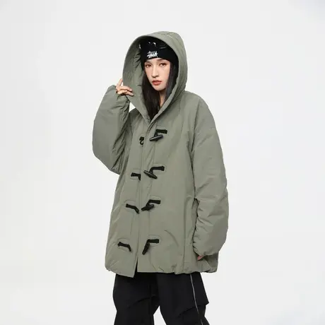 新中式国风连帽棉服女冬季中长款加厚外套新款复古宽松羊角扣棉衣商品大图