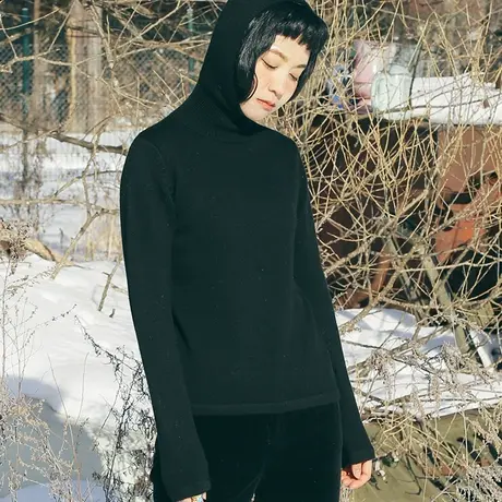 omont蛋挞家复古宽松套头连帽毛衣女加厚纯色高领打底针织衫早秋商品大图