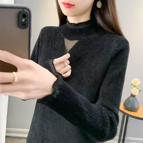 天鹅绒半高领毛衣女内搭打底衫2023秋冬新款蕾丝针织衫加厚上衣潮商品大图